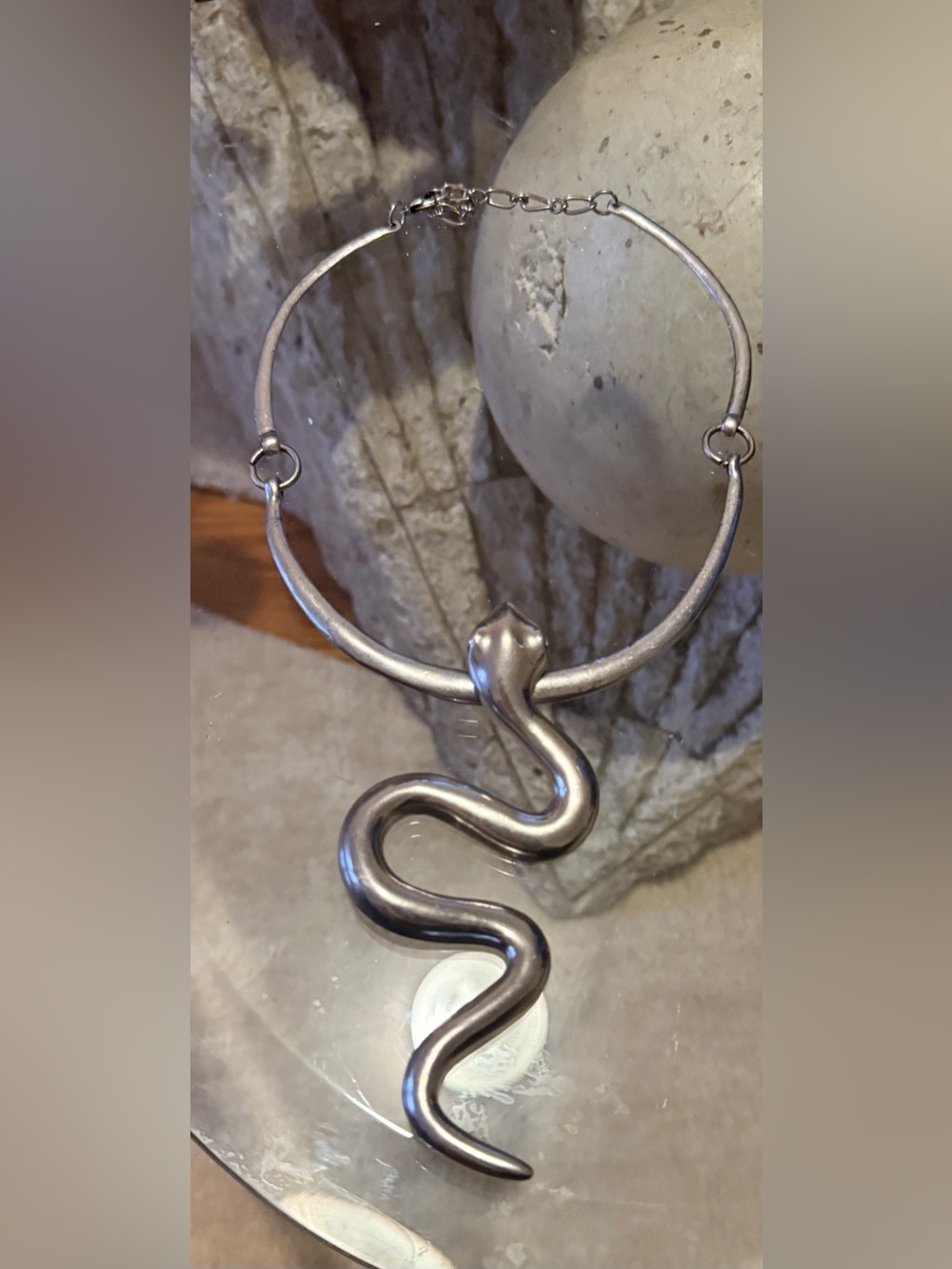 Silver Snake Pendant Choker Necklace - Unbranded